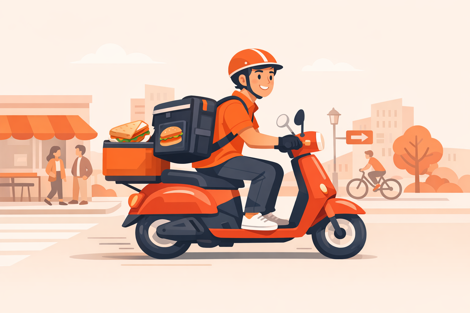 Delivery courier transporting sandwich order through city streets